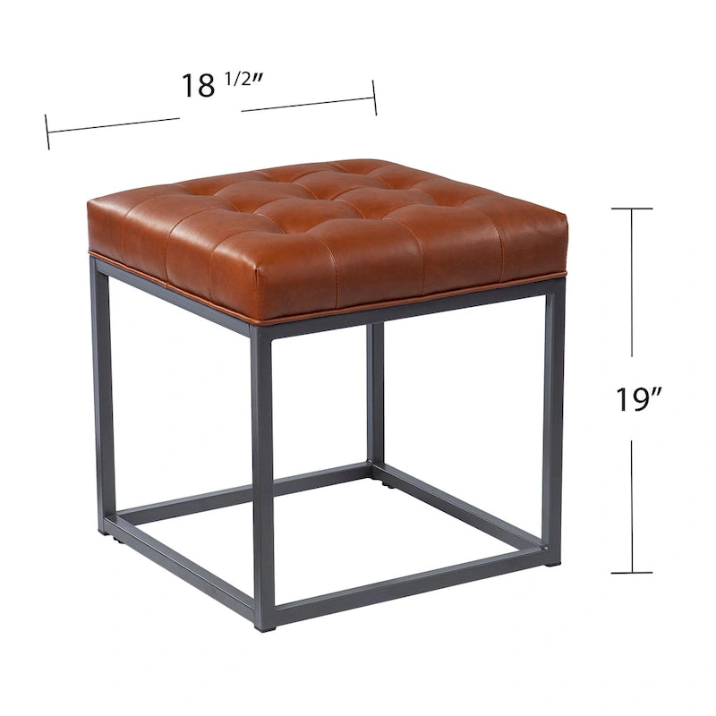 Mini pouf capitonné marron selle avec base en métal graphite