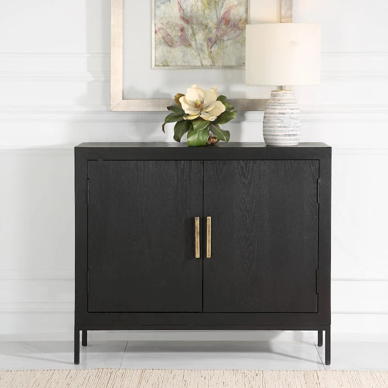 Dark Ebony Oak 2-Door Accent Cabinet with Gold Iron Pulls