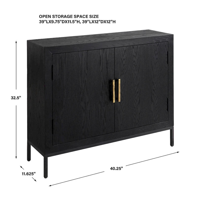 Dark Ebony Oak 2-Door Accent Cabinet with Gold Iron Pulls
