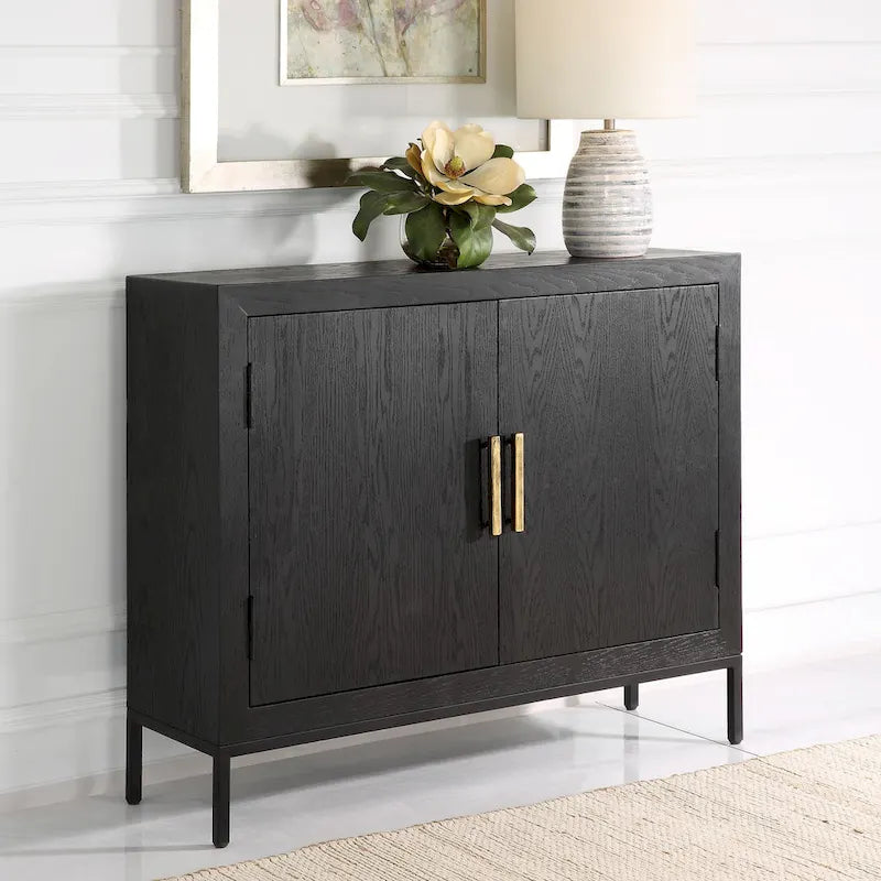 Dark Ebony Oak 2-Door Accent Cabinet with Gold Iron Pulls