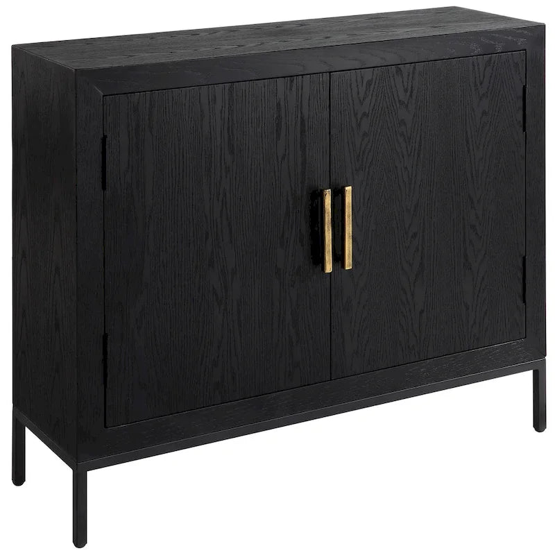 Dark Ebony Oak 2-Door Accent Cabinet with Gold Iron Pulls