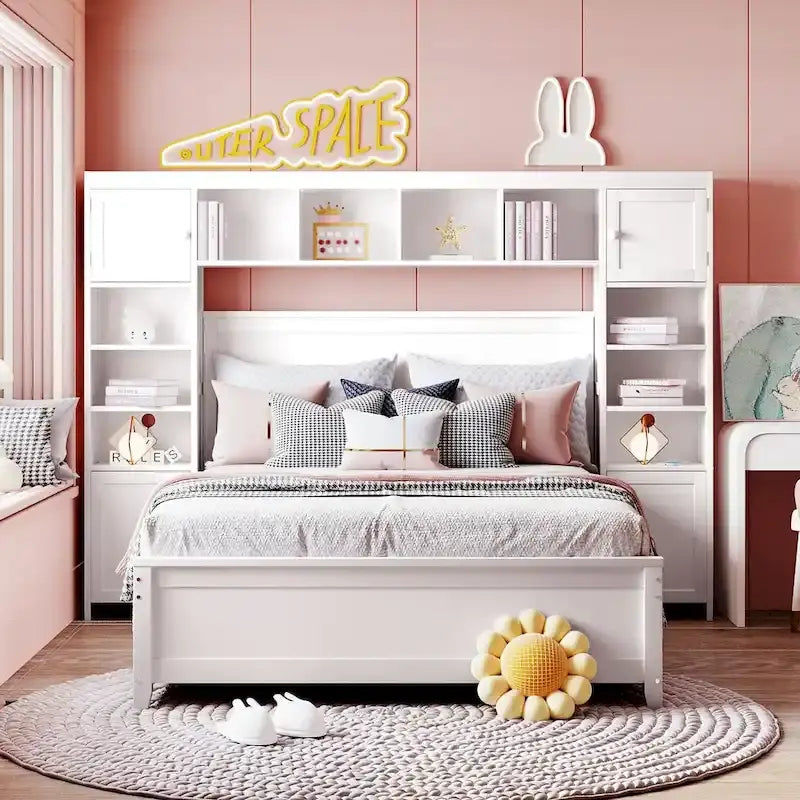 Lit plateforme en bois pleine grandeur avec armoire intégrée, étagères et 4 tiroirs de rangement