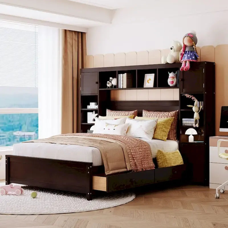 Lit plateforme en bois pleine grandeur avec armoire intégrée, étagères et 4 tiroirs de rangement