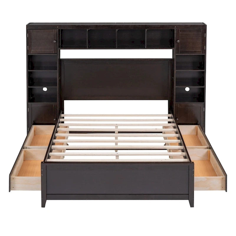Lit plateforme en bois pleine grandeur avec armoire intégrée, étagères et 4 tiroirs de rangement