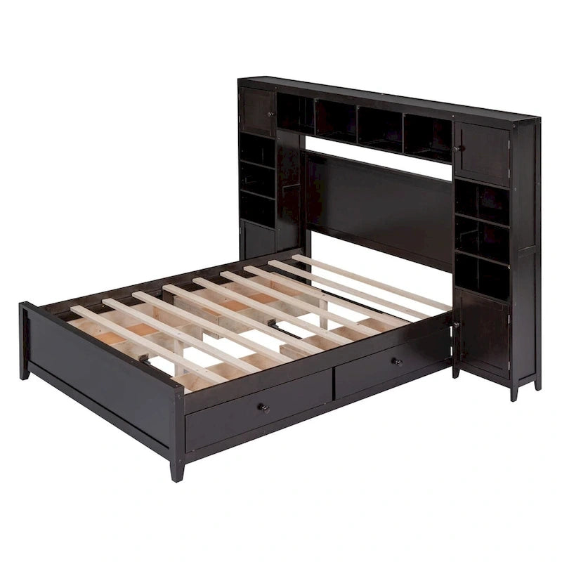 Lit plateforme en bois pleine grandeur avec armoire intégrée, étagères et 4 tiroirs de rangement
