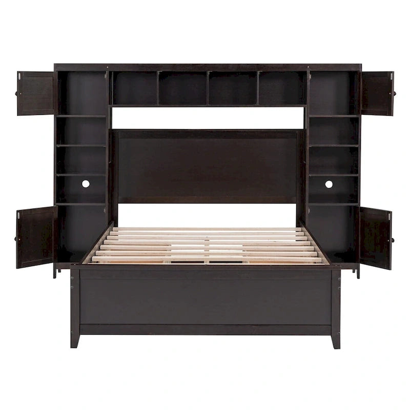 Lit plateforme en bois pleine grandeur avec armoire intégrée, étagères et 4 tiroirs de rangement