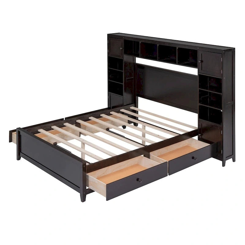 Lit plateforme en bois pleine grandeur avec armoire intégrée, étagères et 4 tiroirs de rangement