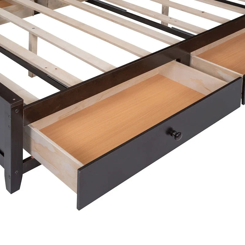 Lit plateforme en bois pleine grandeur avec armoire intégrée, étagères et 4 tiroirs de rangement