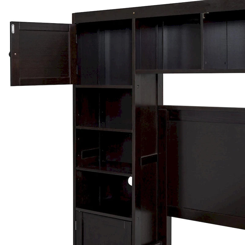 Lit plateforme en bois pleine grandeur avec armoire intégrée, étagères et 4 tiroirs de rangement