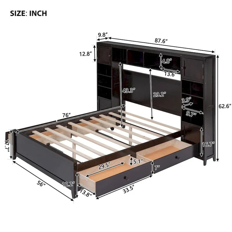 Lit plateforme en bois pleine grandeur avec armoire intégrée, étagères et 4 tiroirs de rangement