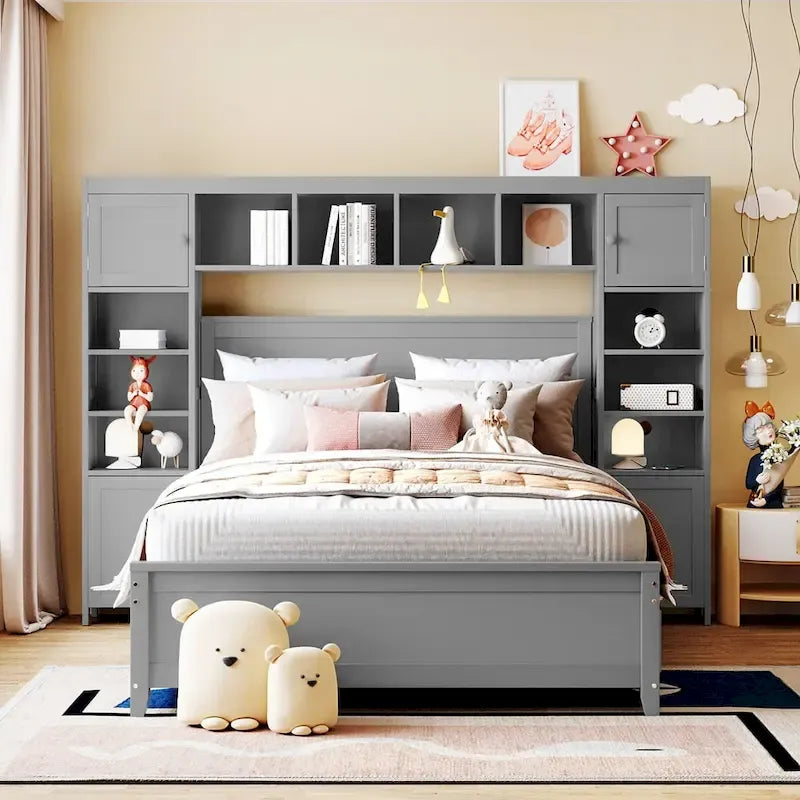 Lit plateforme en bois pleine grandeur avec armoire intégrée, étagères et 4 tiroirs de rangement