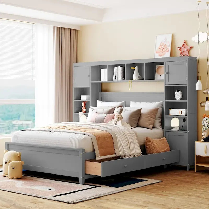 Lit plateforme en bois pleine grandeur avec armoire intégrée, étagères et 4 tiroirs de rangement