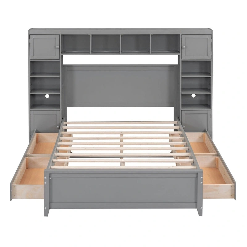 Lit plateforme en bois pleine grandeur avec armoire intégrée, étagères et 4 tiroirs de rangement