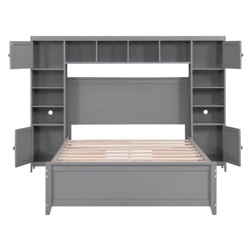 Lit plateforme en bois pleine grandeur avec armoire intégrée, étagères et 4 tiroirs de rangement