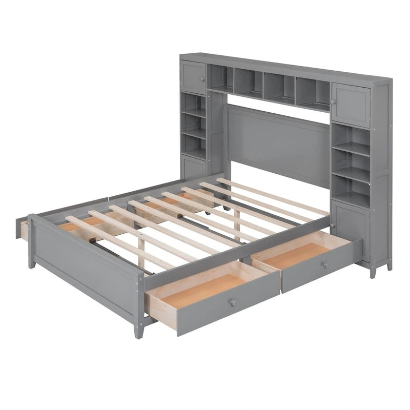 Lit plateforme en bois pleine grandeur avec armoire intégrée, étagères et 4 tiroirs de rangement