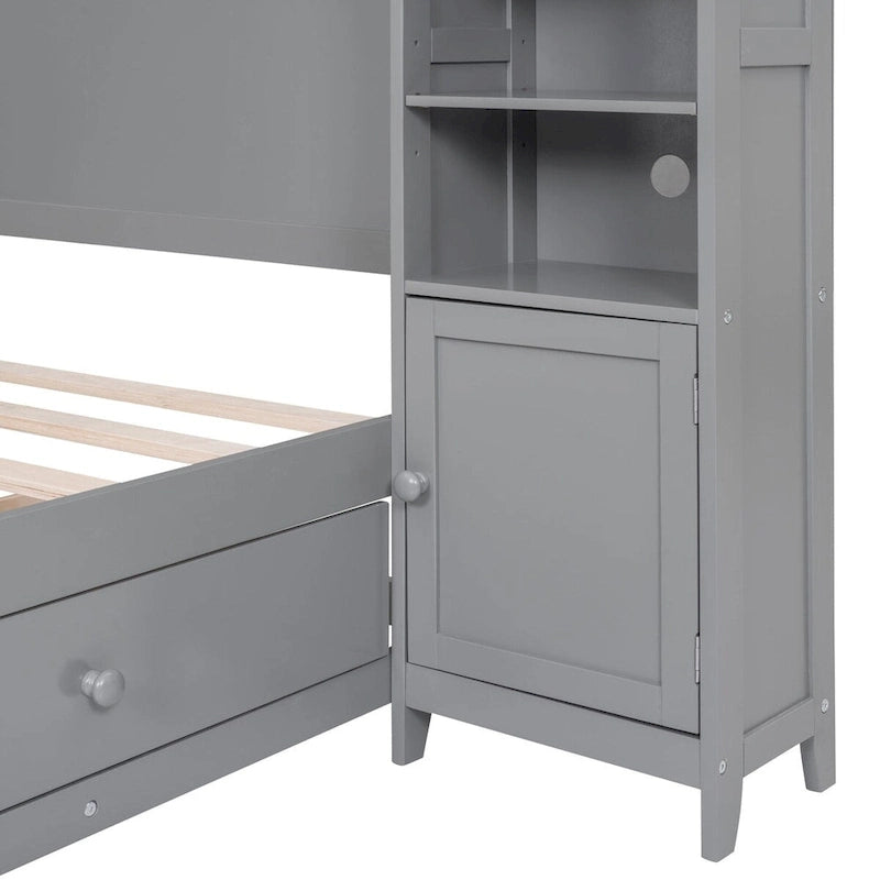 Lit plateforme en bois pleine grandeur avec armoire intégrée, étagères et 4 tiroirs de rangement