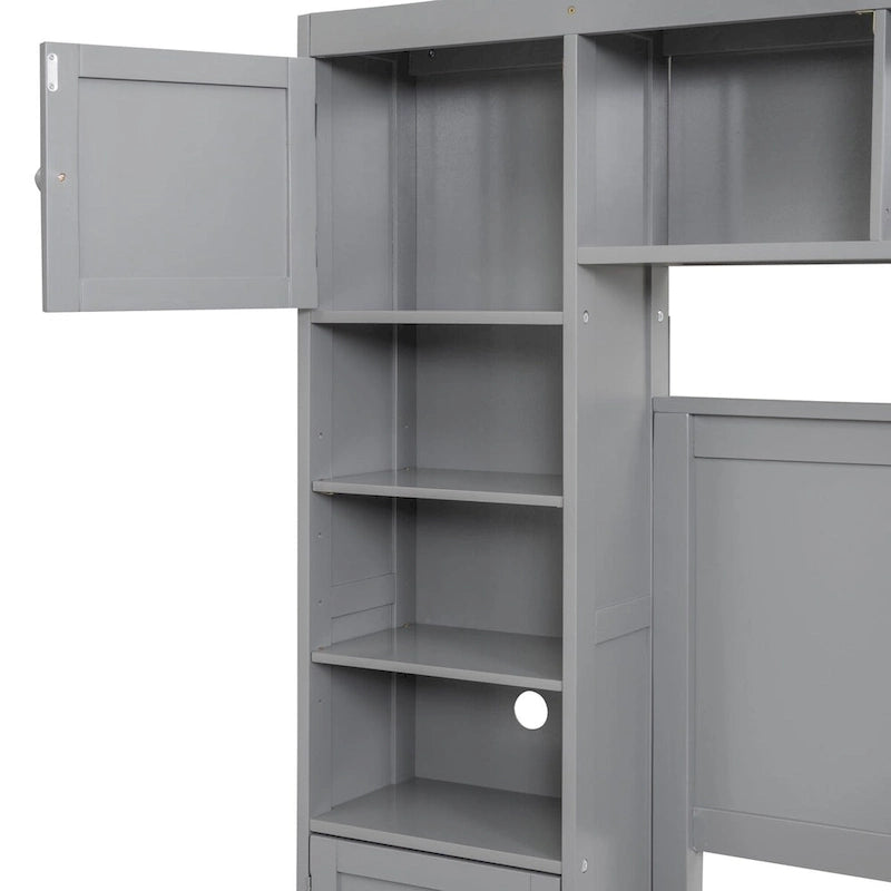 Lit plateforme en bois pleine grandeur avec armoire intégrée, étagères et 4 tiroirs de rangement