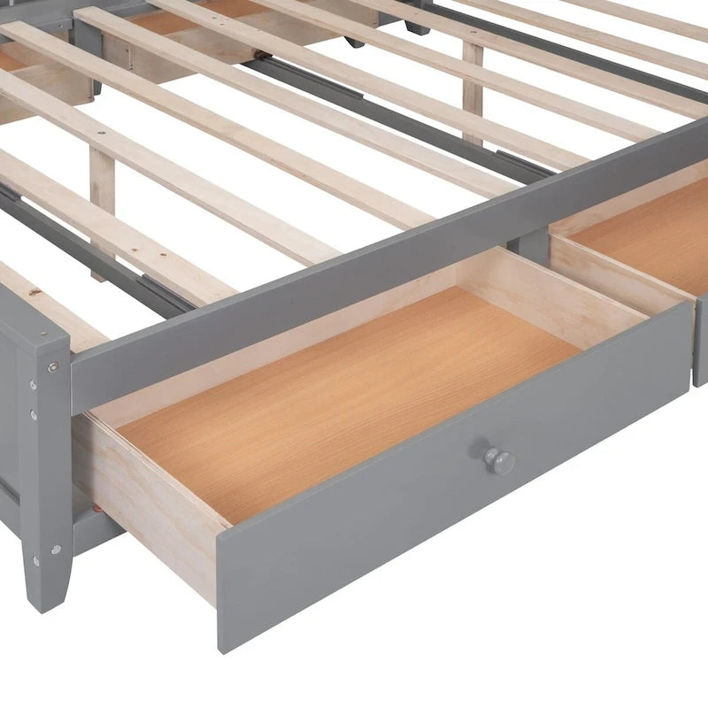 Lit plateforme en bois pleine grandeur avec armoire intégrée, étagères et 4 tiroirs de rangement