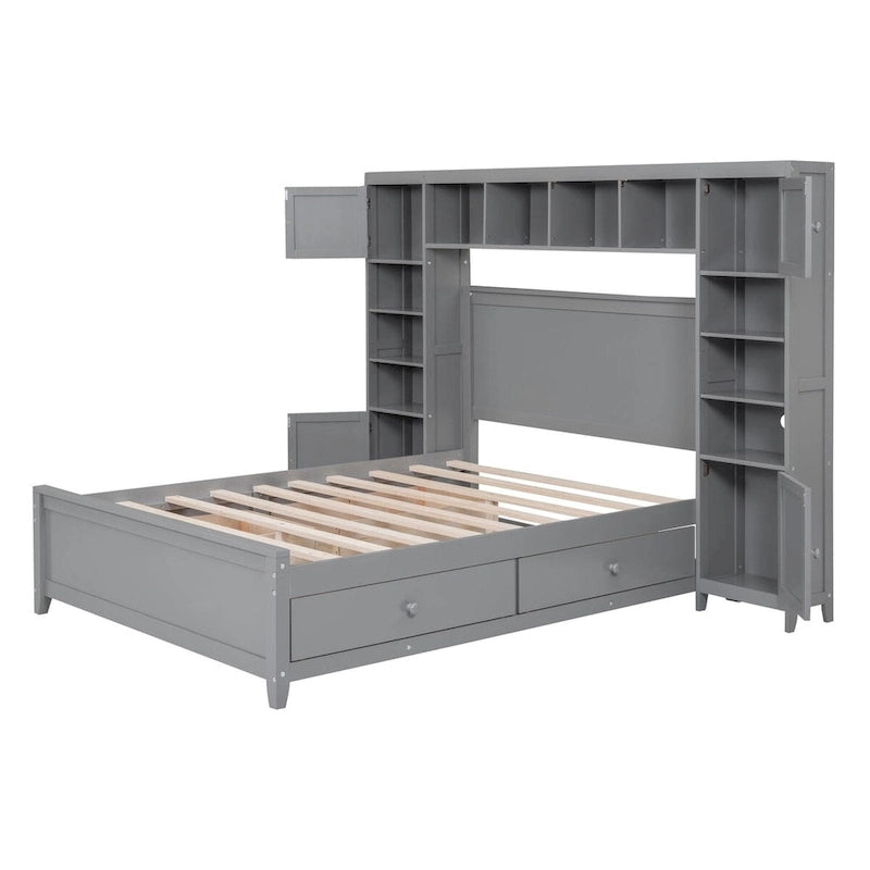 Lit plateforme en bois pleine grandeur avec armoire intégrée, étagères et 4 tiroirs de rangement