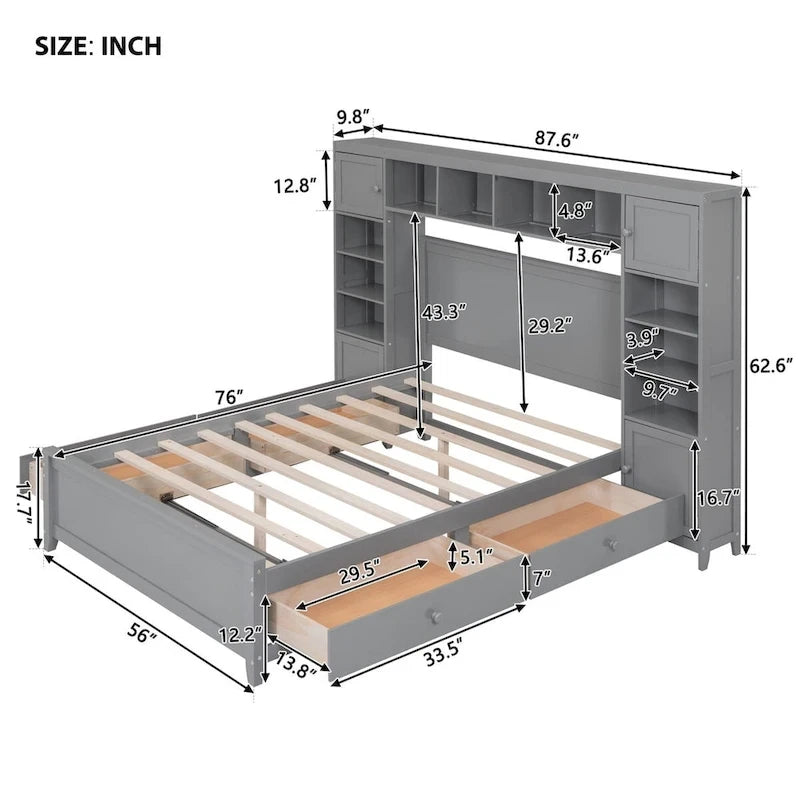 Lit plateforme en bois pleine grandeur avec armoire intégrée, étagères et 4 tiroirs de rangement