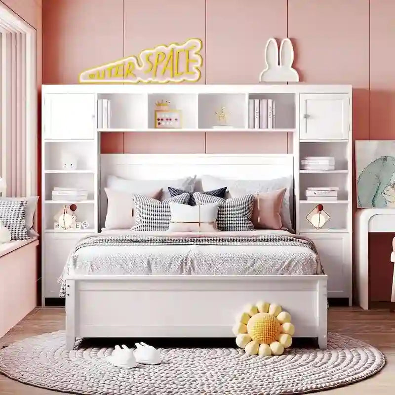 Lit plateforme en bois pleine grandeur avec armoire intégrée, étagères et 4 tiroirs de rangement