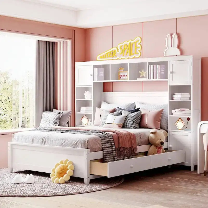 Lit plateforme en bois pleine grandeur avec armoire intégrée, étagères et 4 tiroirs de rangement