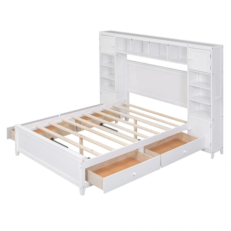 Lit plateforme en bois pleine grandeur avec armoire intégrée, étagères et 4 tiroirs de rangement