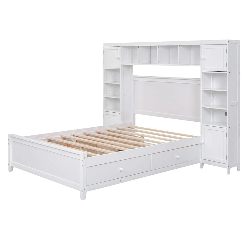 Lit plateforme en bois pleine grandeur avec armoire intégrée, étagères et 4 tiroirs de rangement