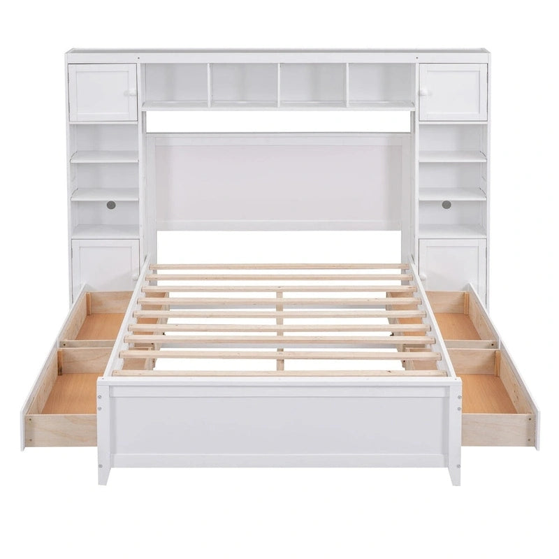 Lit plateforme en bois pleine grandeur avec armoire intégrée, étagères et 4 tiroirs de rangement