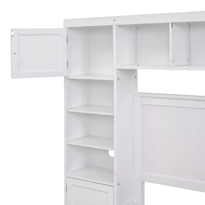 Lit plateforme en bois pleine grandeur avec armoire intégrée, étagères et 4 tiroirs de rangement