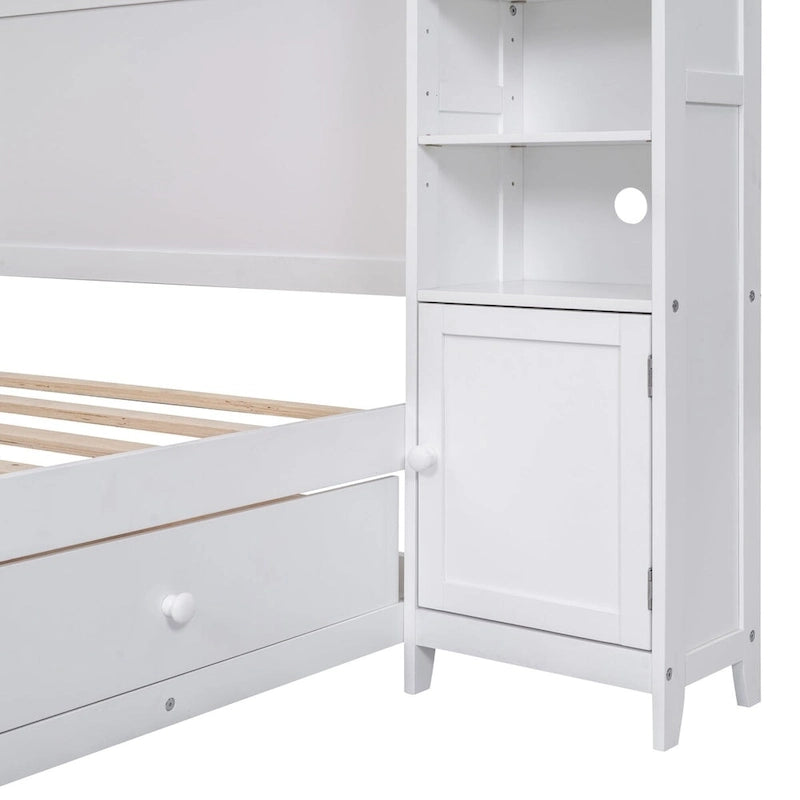 Lit plateforme en bois pleine grandeur avec armoire intégrée, étagères et 4 tiroirs de rangement
