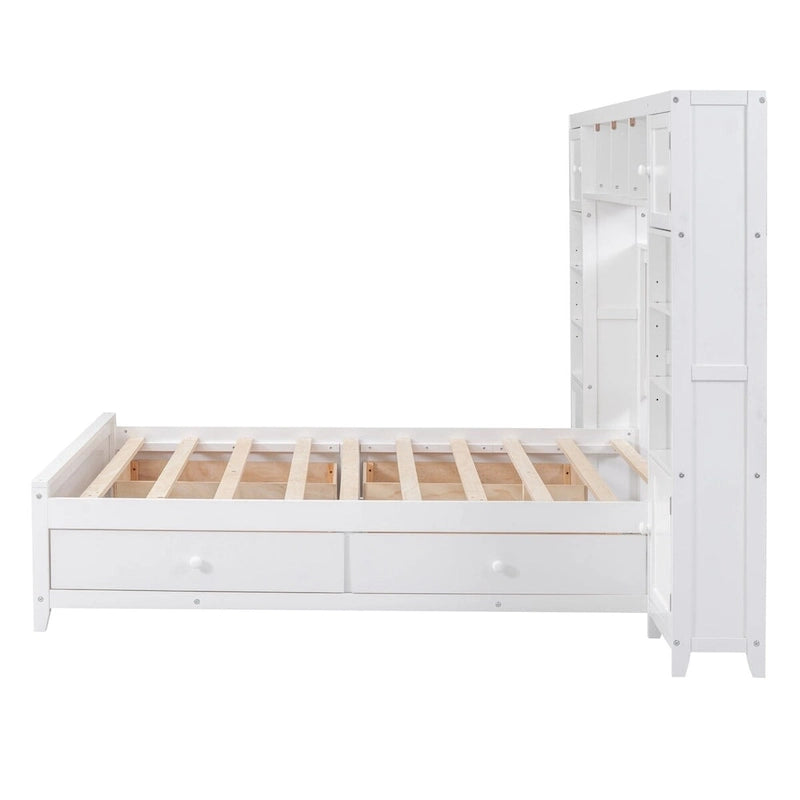 Lit plateforme en bois pleine grandeur avec armoire intégrée, étagères et 4 tiroirs de rangement