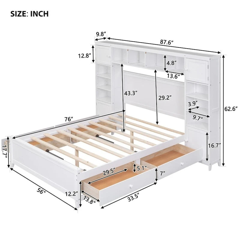 Lit plateforme en bois pleine grandeur avec armoire intégrée, étagères et 4 tiroirs de rangement