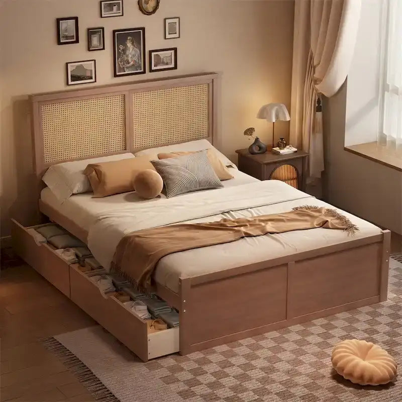 Lit plateforme grand format avec tête de lit en rotin