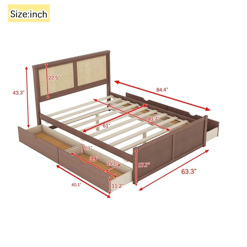 Lit plateforme grand format avec tête de lit en rotin