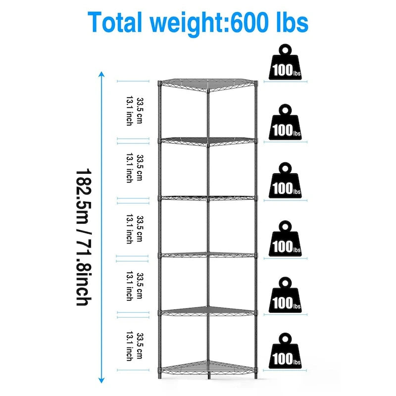 Étagère d'angle en fil métallique à 6 niveaux ultra-résistante – Réglable, capacité de 272 kg, 3 couleurs
