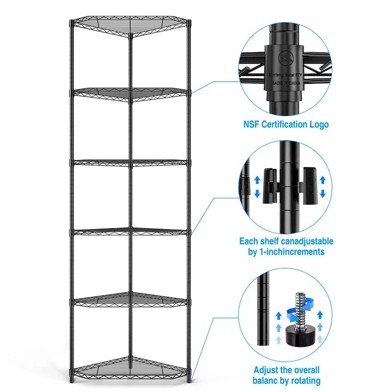 Étagère d'angle en fil métallique à 6 niveaux ultra-résistante – Réglable, capacité de 272 kg, 3 couleurs