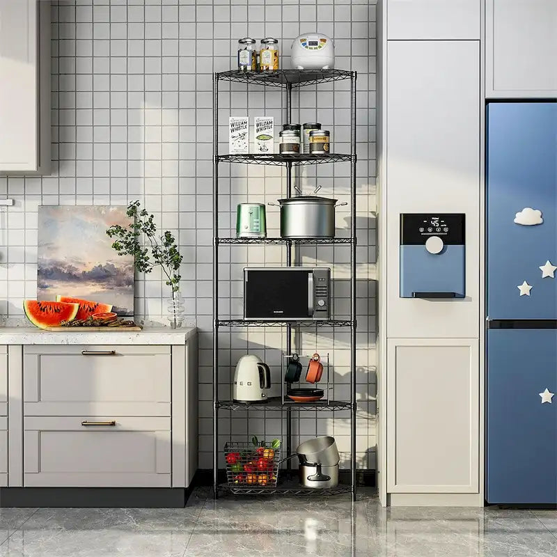 Étagère d'angle en fil métallique à 6 niveaux ultra-résistante – Réglable, capacité de 272 kg, 3 couleurs