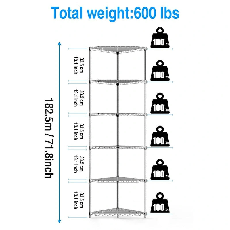 Étagère d'angle en fil métallique à 6 niveaux ultra-résistante – Réglable, capacité de 272 kg, 3 couleurs