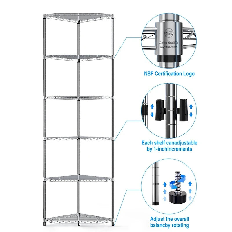 Étagère d'angle en fil métallique à 6 niveaux ultra-résistante – Réglable, capacité de 272 kg, 3 couleurs