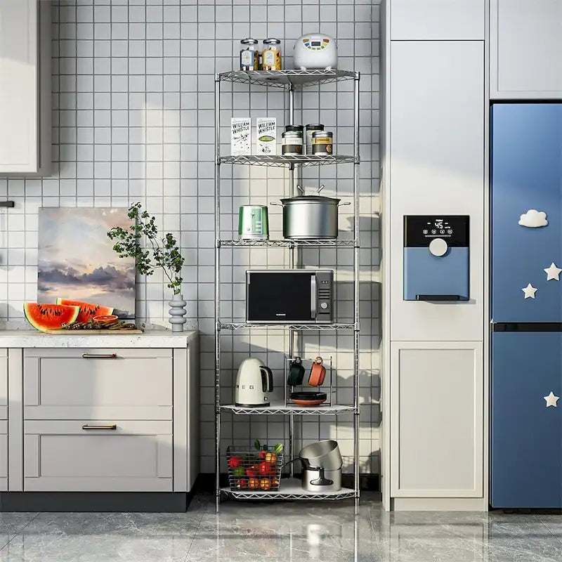Étagère d'angle en fil métallique à 6 niveaux ultra-résistante – Réglable, capacité de 272 kg, 3 couleurs
