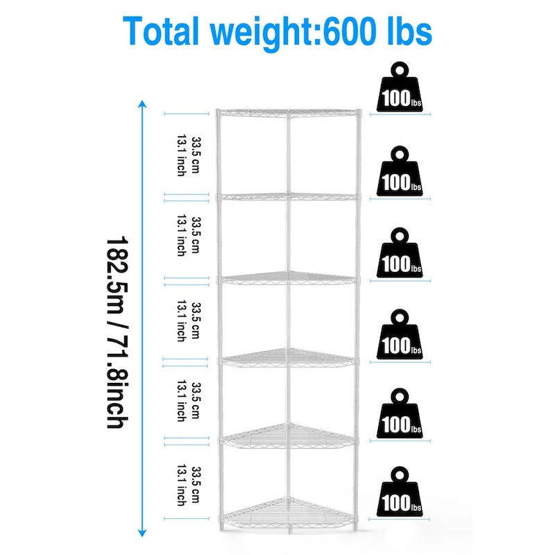 Étagère d'angle en fil métallique à 6 niveaux ultra-résistante – Réglable, capacité de 272 kg, 3 couleurs