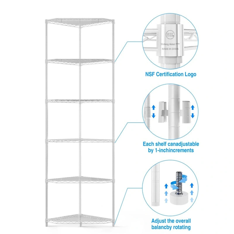 Étagère d'angle en fil métallique à 6 niveaux ultra-résistante – Réglable, capacité de 272 kg, 3 couleurs