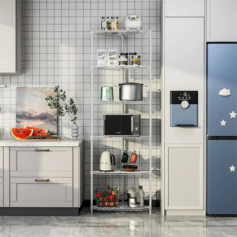 Étagère d'angle en fil métallique à 6 niveaux ultra-résistante – Réglable, capacité de 272 kg, 3 couleurs