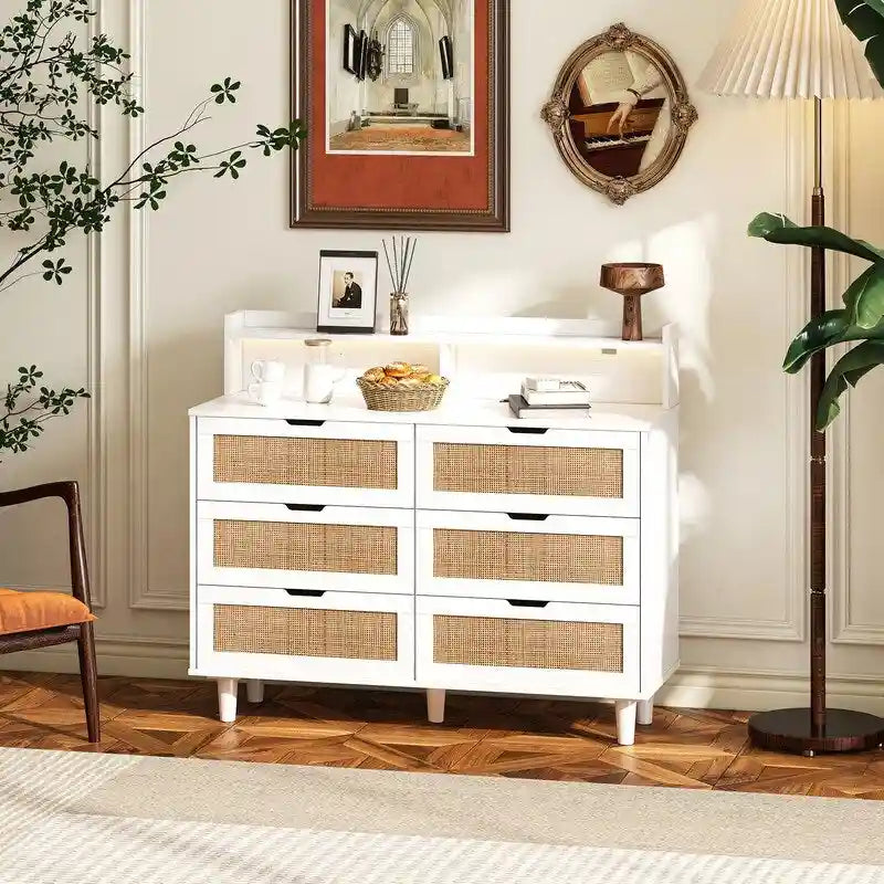 Boho Rattan 6-Drawer Sideboard with LED Lights & Power Outlet