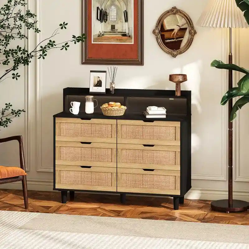 Boho Rattan 6-Drawer Sideboard with LED Lights & Power Outlet