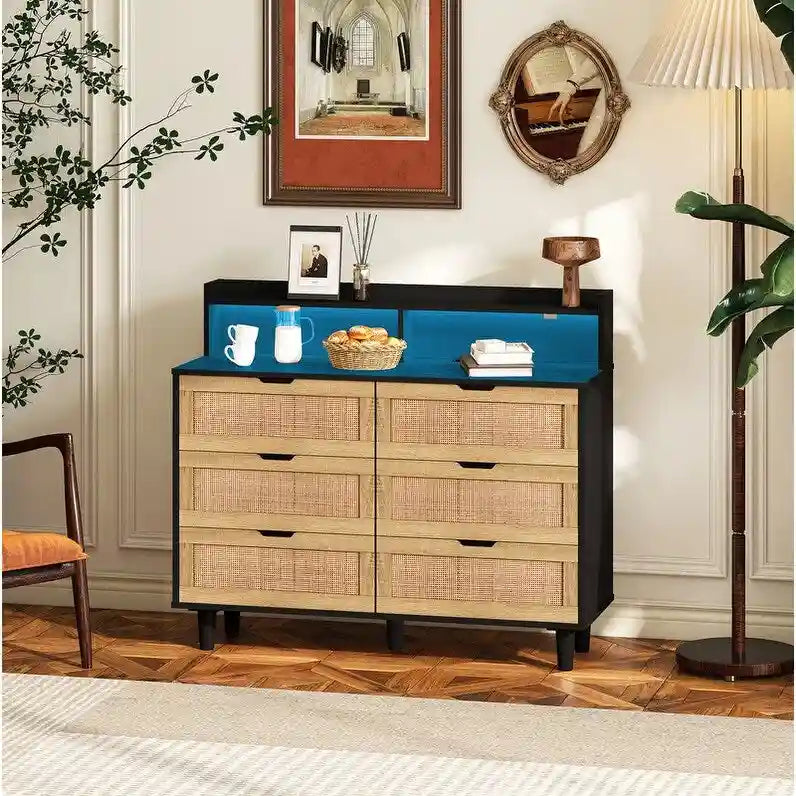 Boho Rattan 6-Drawer Sideboard with LED Lights & Power Outlet