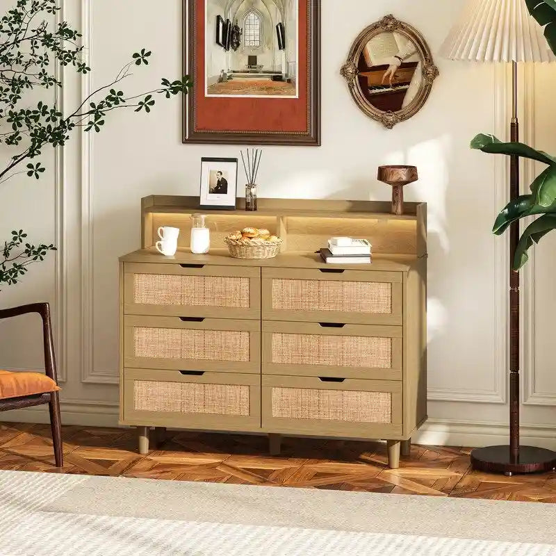Boho Rattan 6-Drawer Sideboard with LED Lights & Power Outlet
