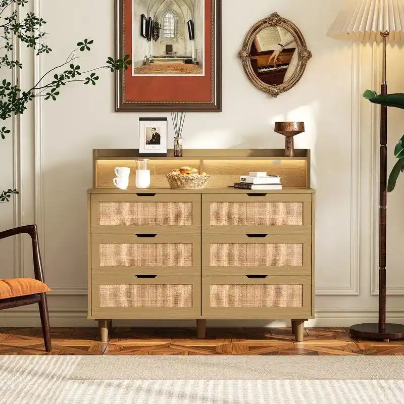 Boho Rattan 6-Drawer Sideboard with LED Lights & Power Outlet