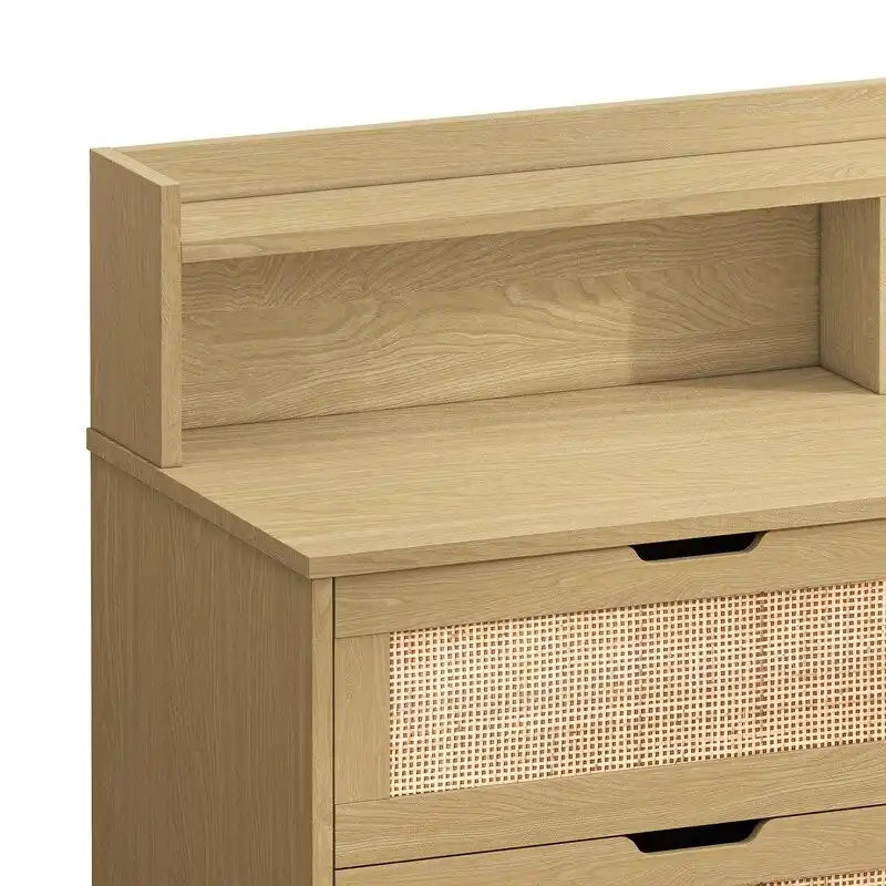 Boho Rattan 6-Drawer Sideboard with LED Lights & Power Outlet